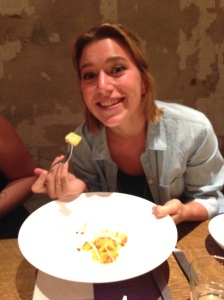 Maddie with her favorite food ever — the gnocchi at La Menagere